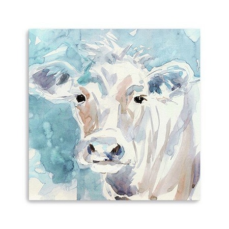 Homeroots 20" x 20" Blue Pastel Watercolor Cow Unframed Canvas Wall Art 398923
