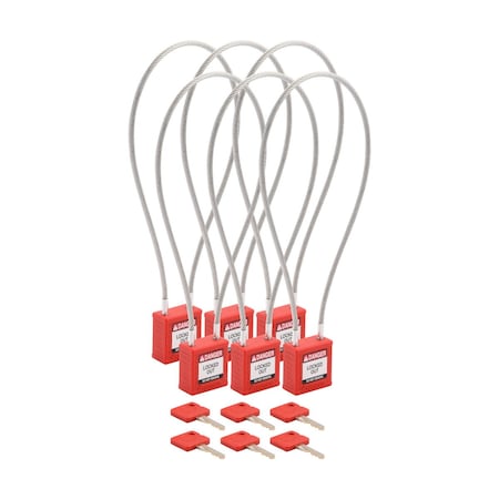 Brady Velocity 16in Compact Cable Lockout Padlocks Nylon 8in Shackle Clearance KA Red 6PK CPPL-RED-400CB-KA6