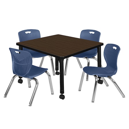 Regency Square Kee Mobile Adjustable Classroom Table W/ 4 Andy Chairs, 30 in W, 30 in L, Neo Walnut TB3030NWAPCBK45NV