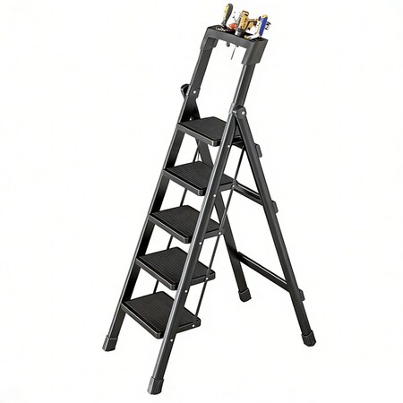 Wrightmaster 4.7 ft. Steel Lightweight Step Ladder, 10 ft. Reach, with Tool Platform 300 lb. Load Capacity Black ZOR-GJ5BT2
