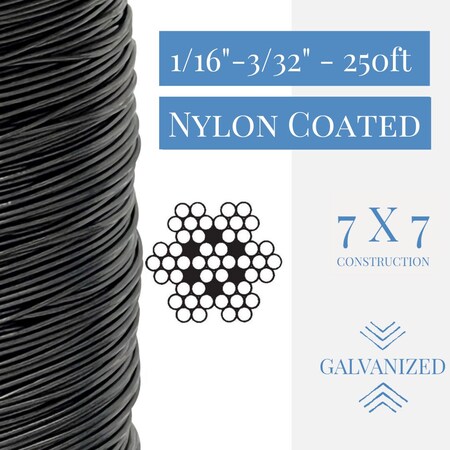 Laureola Industries 1/16 in.-3/32 in. Nylon-6 Coated Black Opaque Galvanized Cable 7x7 Strand Wire Rope, 250 ft ZAG116332-77-GN6B-250