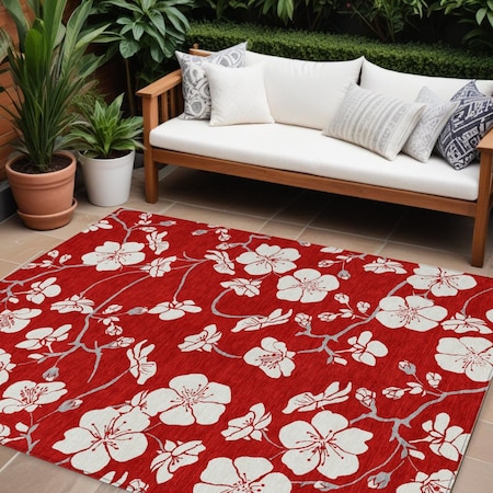 Homeroots 8' X 10' Red Ivory And Gray Floral Washable Indoor Outdoor Area Rug 599919