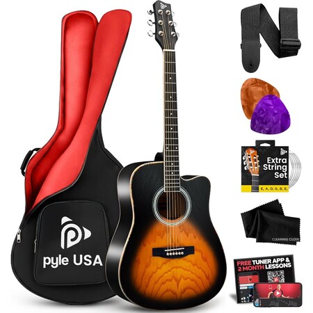 Pyle Steel String Acoustic Guitar Kit, 41 in Full Size Cutaway with Ashtree Top, Open Pore Finish PGA480SB