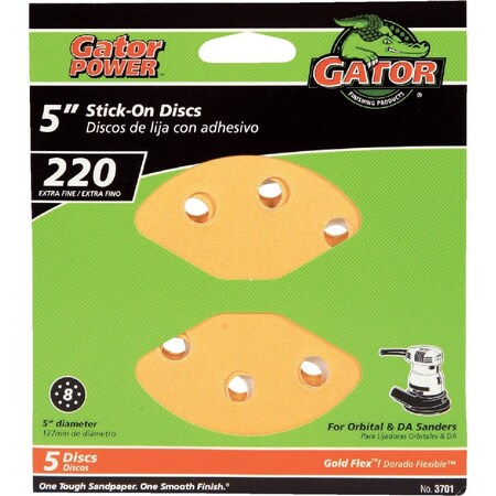 Gator Blade 5'' 220-Grit 8-Hole Pattern Vented Sanding Disc with Stick-On Backing, 5PK 3701GA