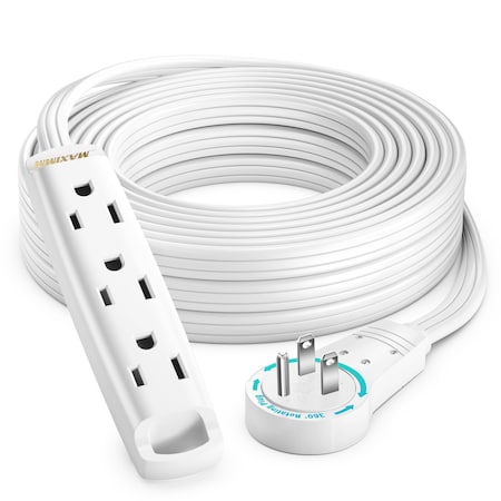 Maximm 25ft 3-Outlet 360 degrees Flat Plug Extension Cord, One Sided), Long Reach UL, White ADW-360-C3F25-16W0
