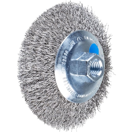 Pferd 4-1/2'' Dia. crimped wire bevel brush - .014'' stainless steel wire, 5/8-11 threaded nut 82371