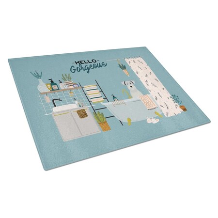 Carolines Treasures White Miniature Schnauzer in Bathtub Glass Cutting Board - Large CK7475LCB