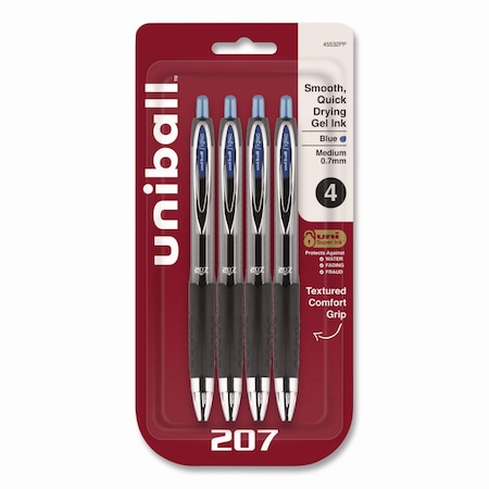 Uniball Signo 207 Gel Pen, Retractable, Medium 0.7 mm, Blue Ink, Smoke/Black/Blue Barrel, 4PK 45532PP