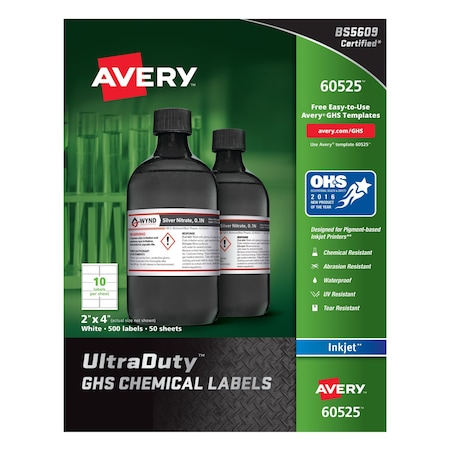 Avery 2" x 4" GHS Chemical Labels for Inkjet Printers, 500 labels/50-sheets 7278260525