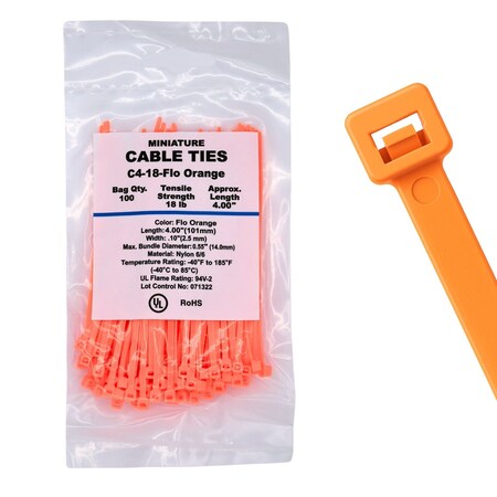 Cable Ties Unlimited Cable Tie, 4 in L, 18 lb Strength, 1 in Max Bundle Dia, Nylon 6/6, Fluorescent Orange 100PK C4-18-Flo Orange