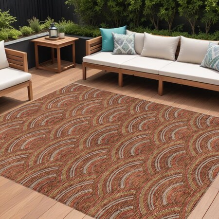 Homeroots 9' X 12' Orange Gold And Ivory Geometric Washable Indoor Outdoor Area Rug 615222