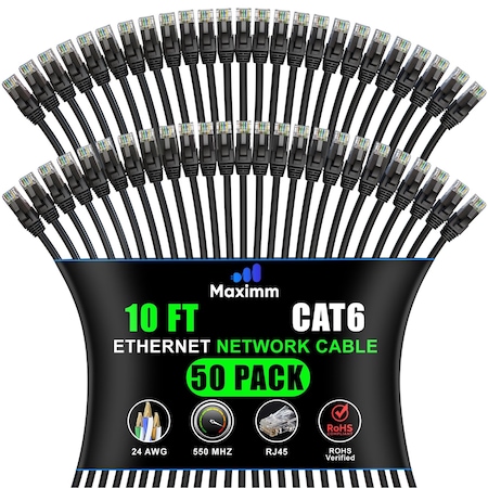 Maximm Cat6 Ethernet Cable 10Gbps 550MHz UTP, 50PK, Black, 50PK BK50PK11