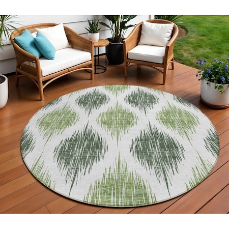Homeroots 8' Fern Green And Ivory Round Ikat Washable Indoor Outdoor Area Rug  589094