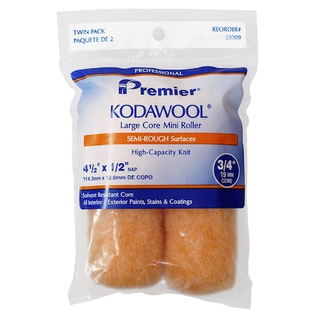 Kodawool 4-1/2in x 1/2in Nap Premier Large Core Mini Roller Cover, 2PK 33009
