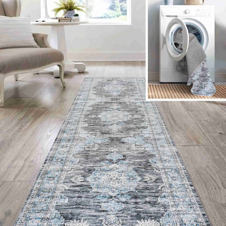 Jonathan Y Bausch Bohemian Distressed Chenille Non-Slip Machine-Washable Dark Gray/Blue 2ft x 8ft Runner Rug WSH201D-28