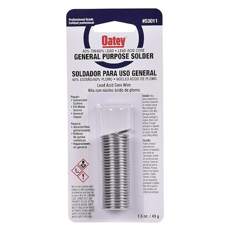 Oatey Acid Core Wire Solder, 1.5 oz Carded, Solid, Silver, 360 to 460 deg F Melting Point 53011
