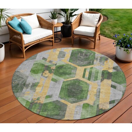 Homeroots 8' Green Gold And Silver Round Geometric Washable Indoor Outdoor Area Rug 618747