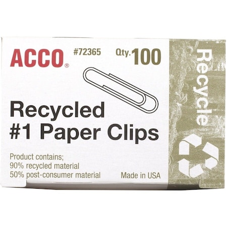 Acco Recycled No. 1 Paper Clips, Silver, 100/Box 72365