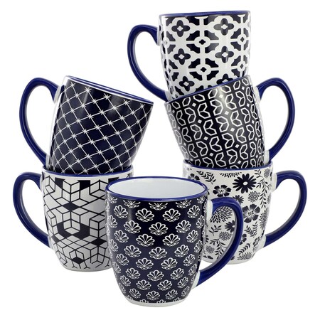 Elama Flyn 6 Piece 16 Ounce Assorted Design Stoneware Mug Set in Navy Blue and White 750123729M