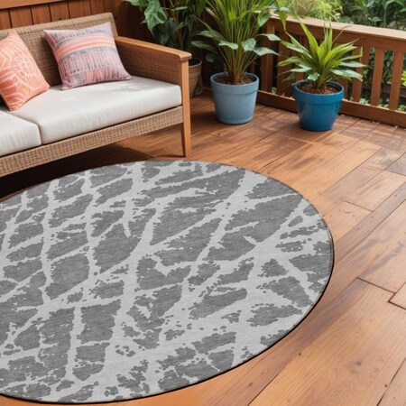 Homeroots 8' Round Charcoal Round Abstract Washable Non Skid Indoor Outdoor Area Rug 559258