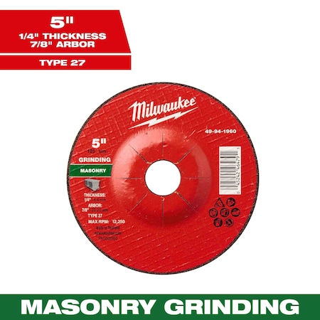 Milwaukee Tool Grinding Wheel, 7/8" Sz, 5" dia. 49-94-1960