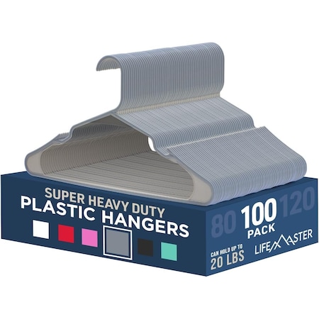 Lifemaster Heavy-Duty Plastic Hangers, Non-Slip, Space-Saving, Holds 5 lbs, Gray, 100PK LMPLCGRY100