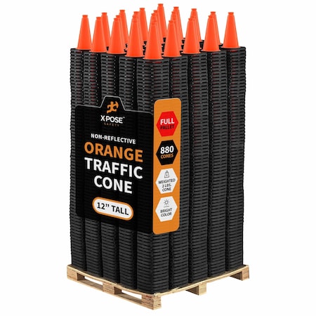 Xpose Safety Traffic Safety Cone, 12 in, PVC Plastic, No Collar, Orange, Full Pallet, PK880 OTC12-FP880-X