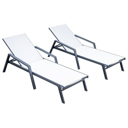 Leisuremod Marlin Patio Chaise Lounge Chair with Armrests in Black Aluminum Frame, White, 2PK MLABL-77W2