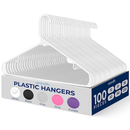Serenelife Premium Plastic Hangers, Heavy Duty, Smooth White Tubular Slim, No Snag, Strap Hook Design, 100PK SLHPL100