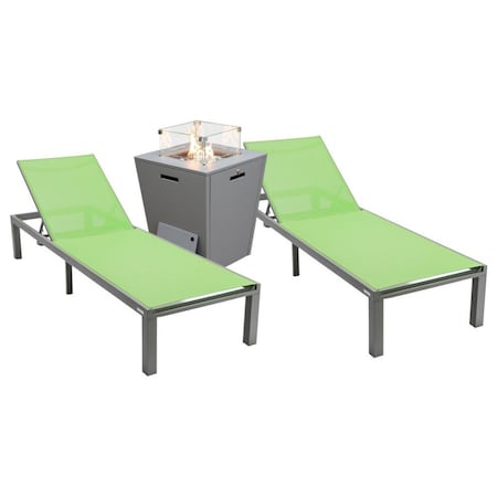 Leisuremod Marlin Grey Aluminum Patio Chaise Lounge Chair Set of 2 with Square Fire Pit Table, Green MLGRCF21-77G2