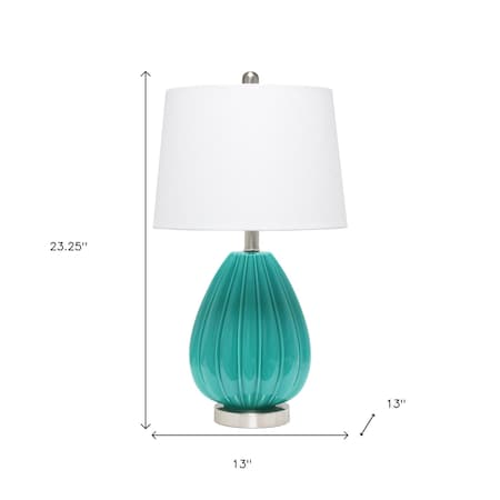 Homeroots 23" Teal Blue And Silver Glass And Metal Novelty Table Lamp With White Drum Shade 643363