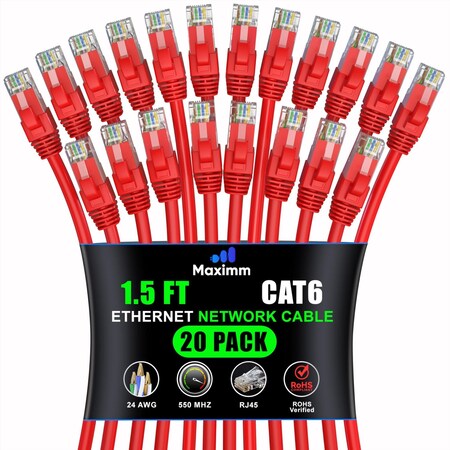 Maximm Cat6 Ethernet Cable 1.5ft 10Gbps 550MHz UTP, 20PK, Red, 20PK CAT6CCA-1.5RD-20PK