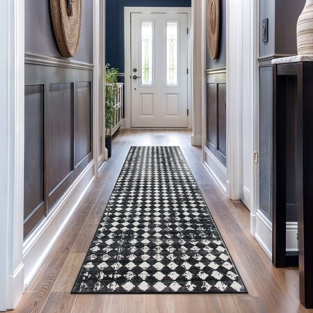 World Rug Gallery Geometric Distressed Abstract Washable Non Slip Runner Rug 2 ft x 10 ft Black WR69BLACK2X10