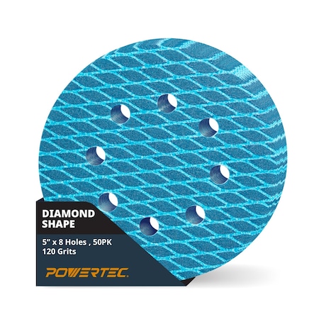 Powertec 5 in. 8-Hole Hook and Loop Diamond Shaped Sanding Discs, 120 Grit, J-Weight Cloth Backing, 50PK 44912N