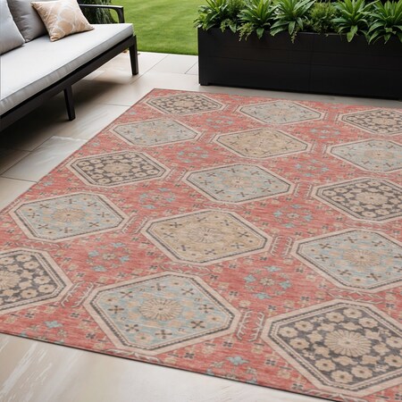 Homeroots 5' X 8' Salmon And Beige Floral Washable Indoor Outdoor Area Rug 610776