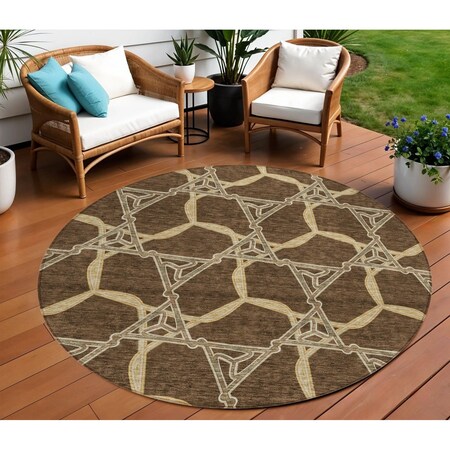 Homeroots 8' Brown And Beige Round Geometric Washable Indoor Outdoor Area Rug 613478