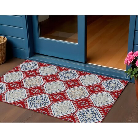 3' X 5' Red And Navy Blue Floral Washable Indoor Outdoor Area Rug
