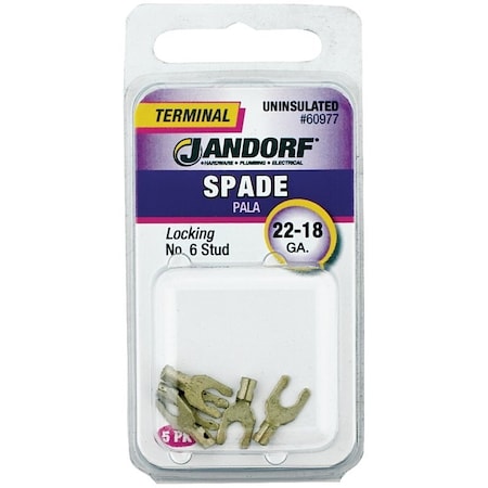 Jandorf Spade Terminal, 600 V, 22 to 18 AWG Wire, No 6 Stud, Copper Contact, 5PK 60977