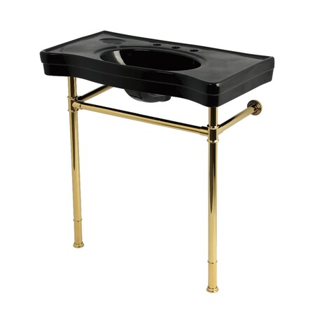 Kingston Brass 36" Ceramic Console Sink with Stainless Steel Legs, 8-Inch, 3-Hole, Black/Polished Brass KVPB36198K82