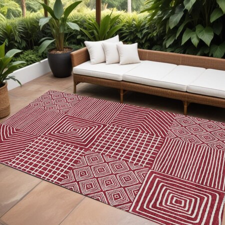 Homeroots 9' X 12' Red And Ivory Geometric Washable Indoor Outdoor Area Rug 600742