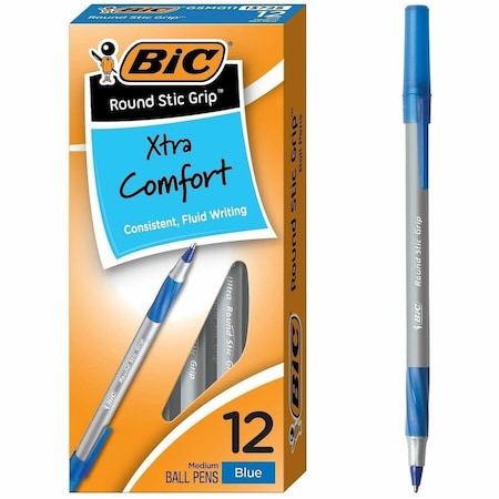 Bic Ultra Round Stic Grip Ballpoint Stick Pen, Medium, Blue Ink, Dozen GSMG11BE
