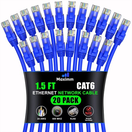 Maximm Cat6 Ethernet Cable 1.5ft 10Gbps 550MHz UTP, 20PK, Blue, 20PK BL20PK03