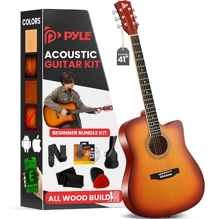 Pyle Steel String Acoustic Guitar Kit, 4/4 Full Size Cutaway All-Wood Guitarra Acustica with Premium PGSTGR007CBS