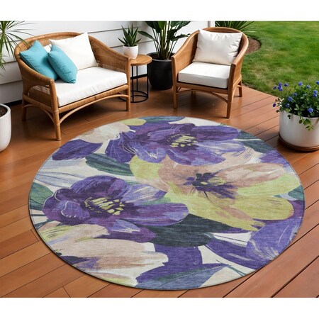 Homeroots 8' Purple And Lavender Round Floral Washable Indoor Outdoor Area Rug 611086