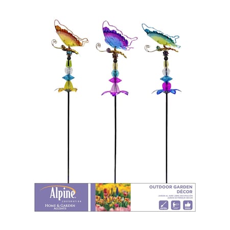 Alpine Multicolored Glass/Metal 36 in. H Butterfly/Flower/Jewels Outdoor Garden Stake LJJ1226A