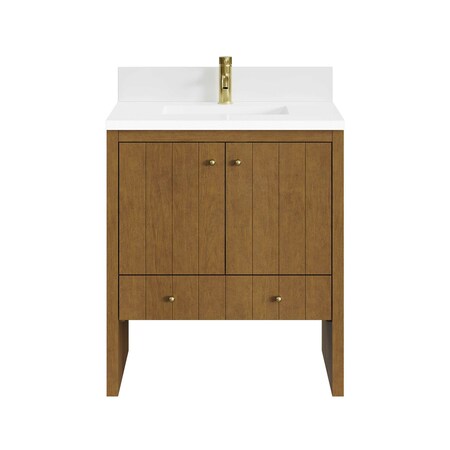 James Martin Vanities Hudson 30" Sgl Vanity, Honey Oak w/ Sgl Hole 3 CM White Zeus Silestone Top and Matching Backsplash 435-V30-HNO-1WZ