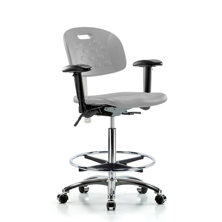 Blue Ridge Ergonomics CL100CleanRoom Chair - High Bench Height with Adj Arms, Chrome Foot Ring, & Casters in Gray Poly CLR-HPHBCH-CR-T0-A1-CF-CC-GRY