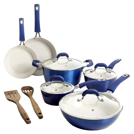 Kenmore Arlington 12 Piece Aluminum Ceramic Coated Nonstick Cookware Set in Metallic Blue 124985.12