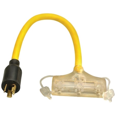 Southwire STW Extension Cord Adapter, 12 AWG, Indoor/Outdoor, 12/3, 3 Outlets, 5-15R, Yellow, L5-20P, 2 ft 90848802