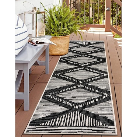 World Rug Gallery Contemporary Geometric Stripe Weather Resistant Reversible Indoor/Outdoor Rug 2 ft x 7 ft Black WR109BLACK2X7